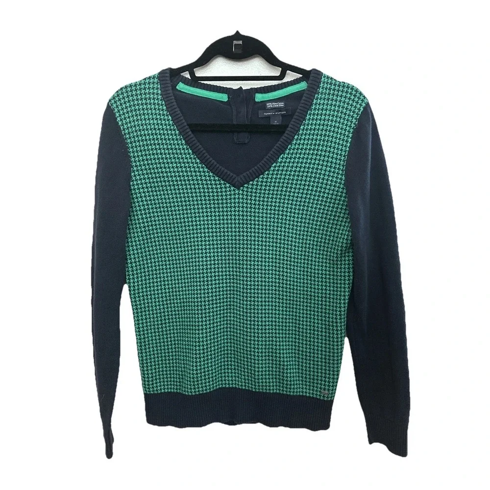 VTG 90s Y2K 100% Pima Cotton Navy‎ & Green Knit Tommy Hilfiger Sweater Medium
